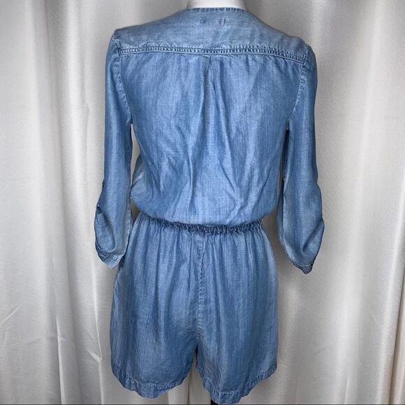 Cato Chambray Faux Wrap Roll Tab Sleeves Romper - Picture 6 of 9